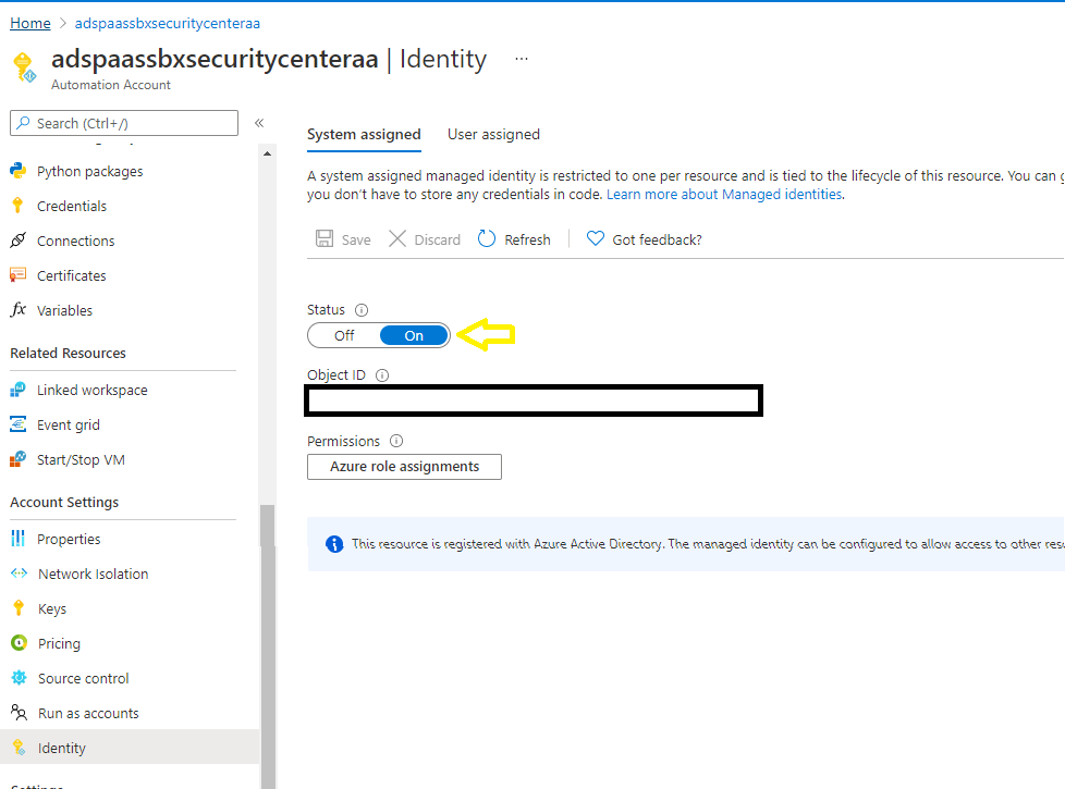 Screen shot of Managed Identity being set to on.