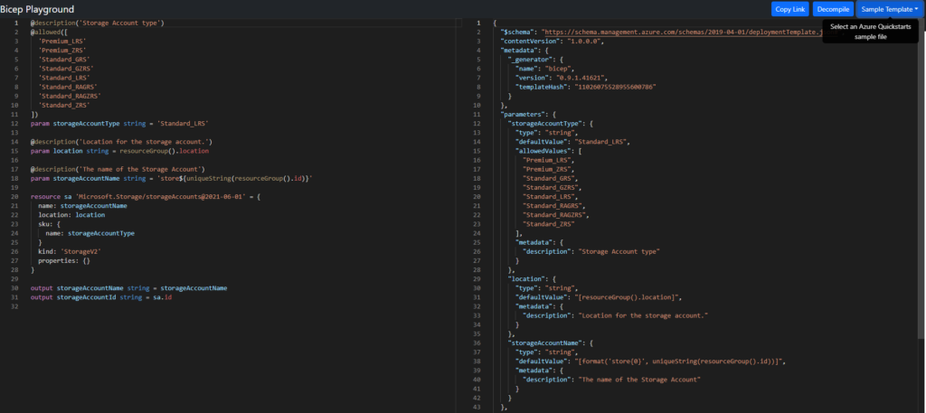 Screenshot of Bicep Community Playground showing a storage account written in Bicep on the left and ARM on the right